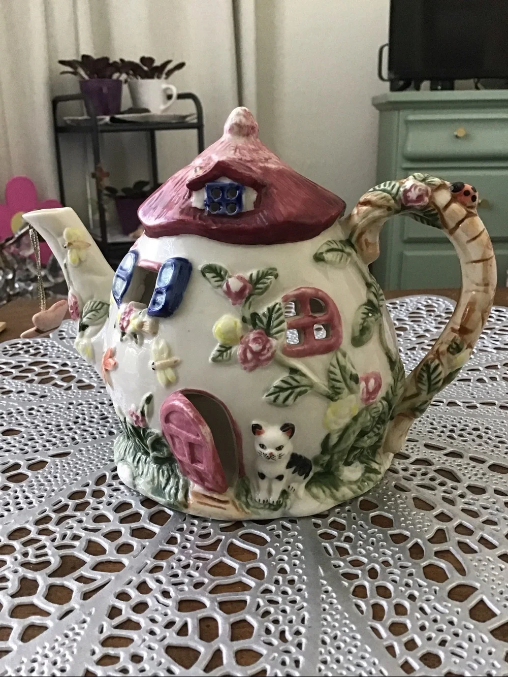 Teapot Cottage Tealight Holder Luminary, fairy garden look